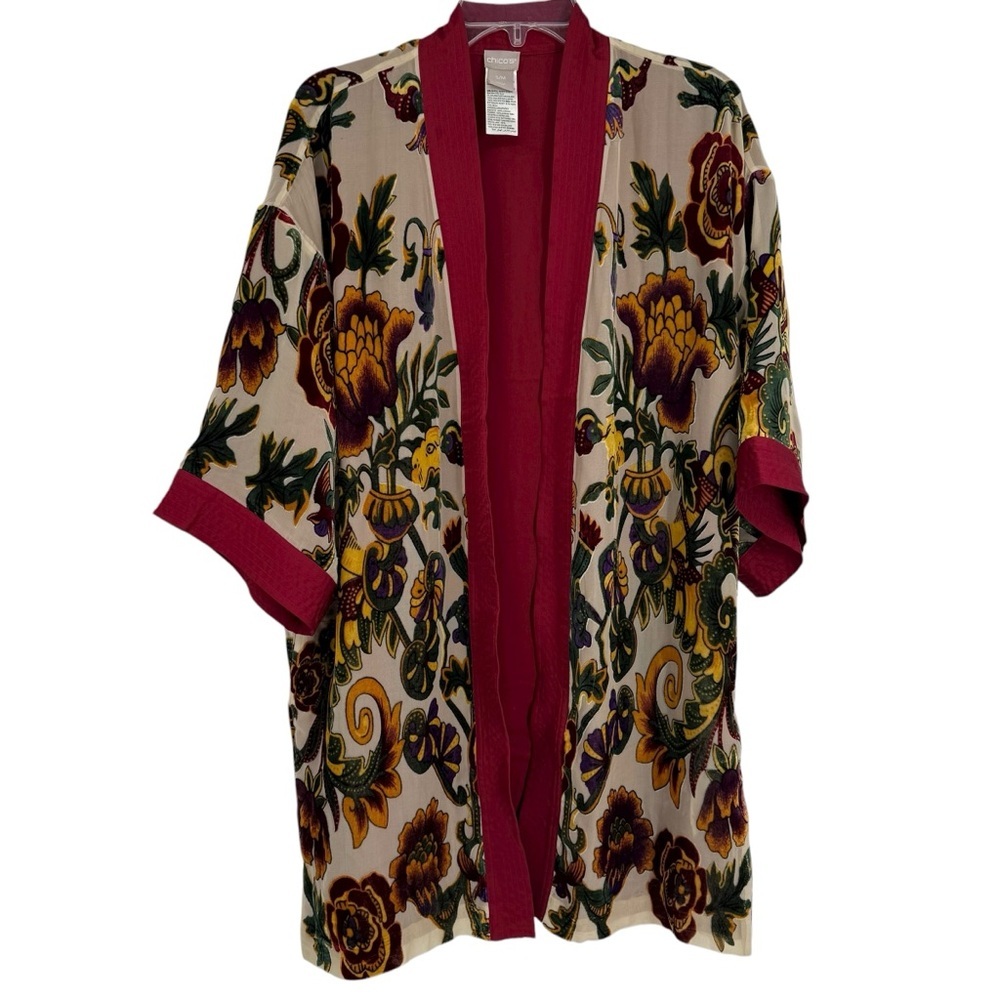 Chico's Heritage Floral Velvet Burnout Kimono Cardigan Open Front Size S/M